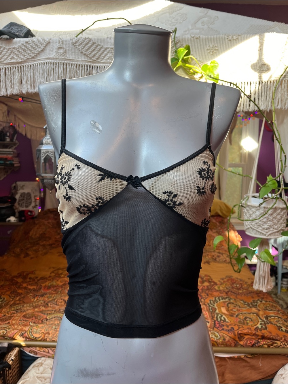 Vintage Y2K Goth Grunge black + ivory sheer mesh velvet floral camisole tank top